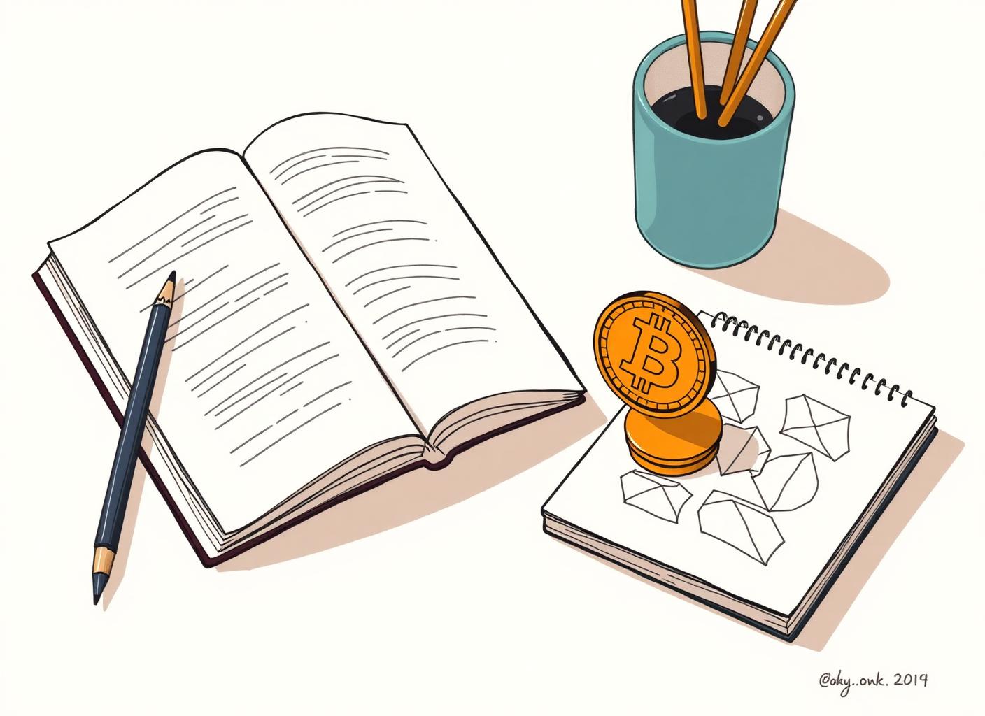Illustration of an open textbook, notebook of diagrams, and a Bitcoin coin on a study desk